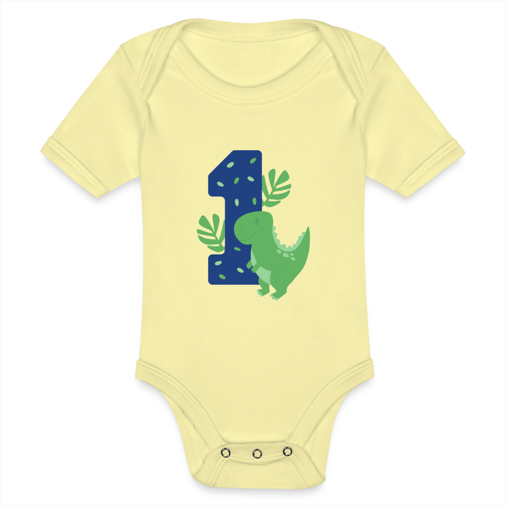 Baby Bio-Kurzarm-Body "Dinosaurier mit der Eins" - Hellgelb