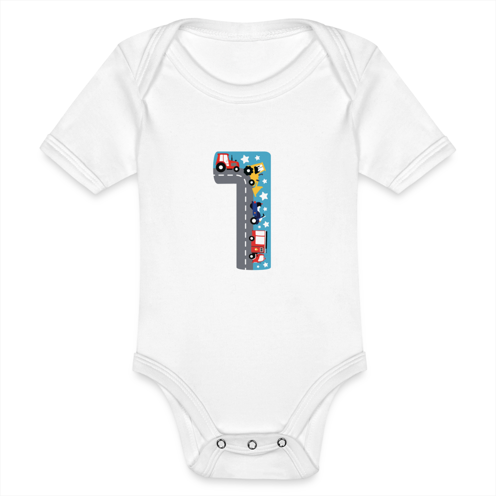 Baby Bio-Kurzarm-Body "1 mit Traktoren" - Weiß