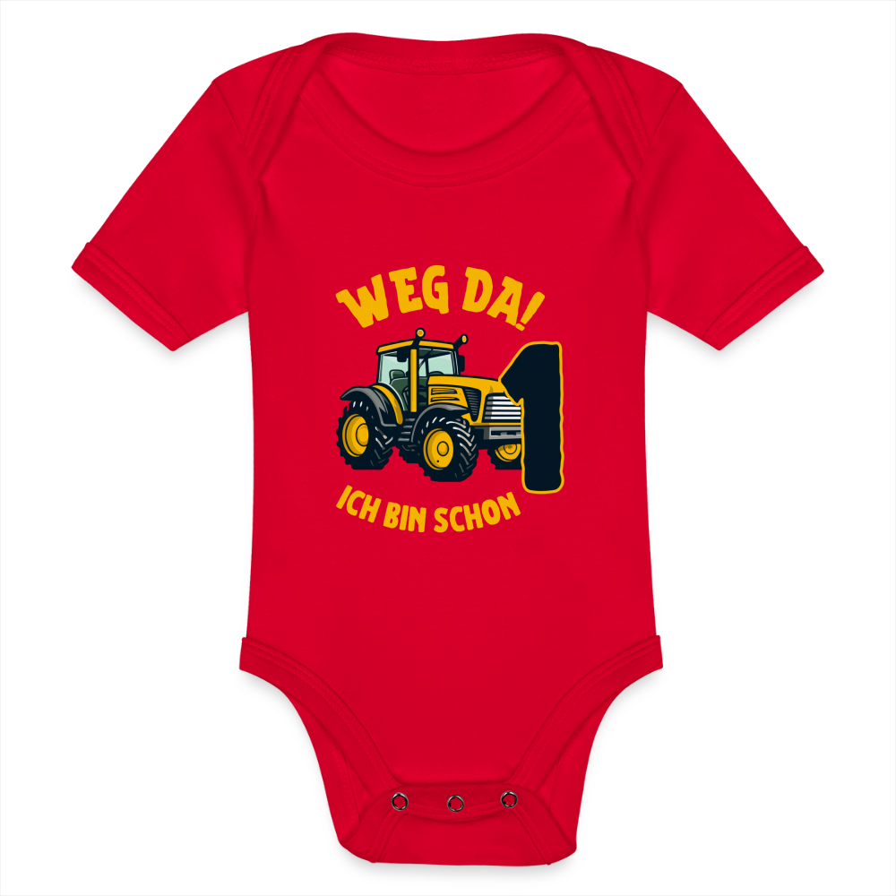 Baby Bio-Kurzarm-Body "Weg da! Ich bin schon 1" (Traktor) - Rot