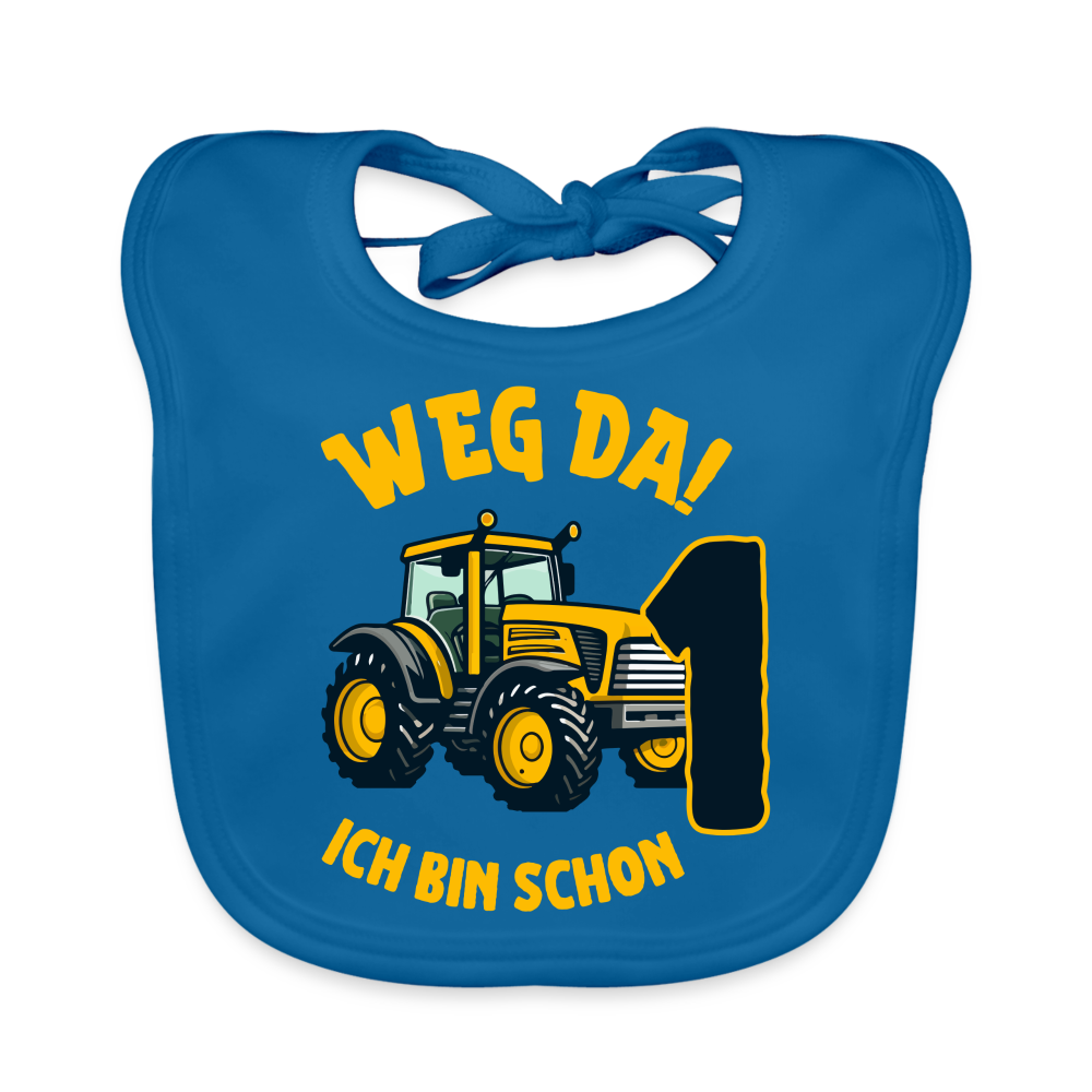 Baby Bio-Lätzchen "Weg da! Ich bin schon 1" (Traktor) - Pfauenblau