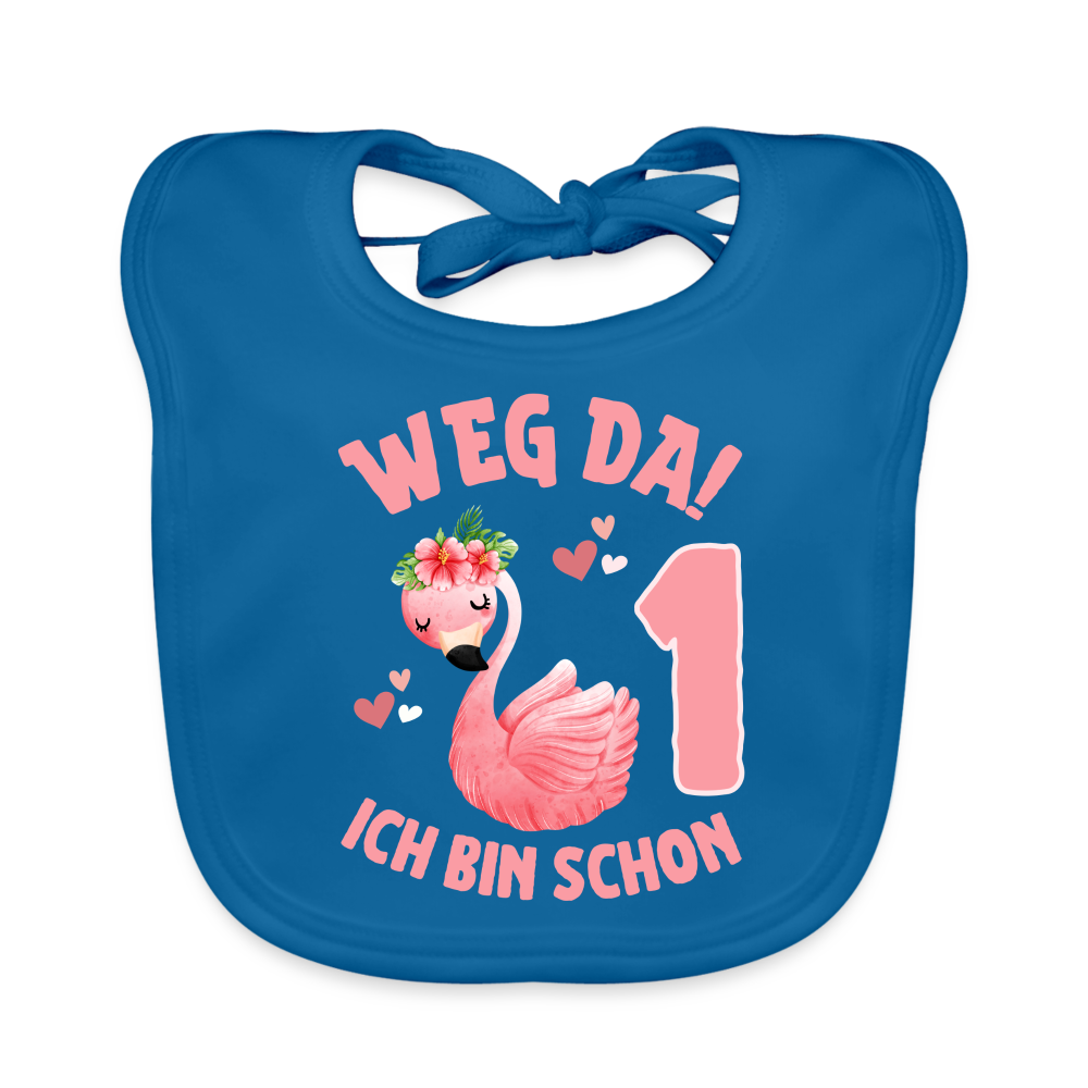 Baby Bio-Lätzchen "Weg da! Ich bin schon 1" (Flamingo) - Pfauenblau