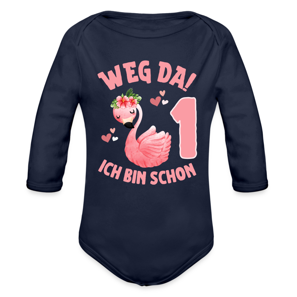 Baby Bio-Langarm-Body "Weg da! Ich bin schon 1" (Flamingo) - Dunkelnavy
