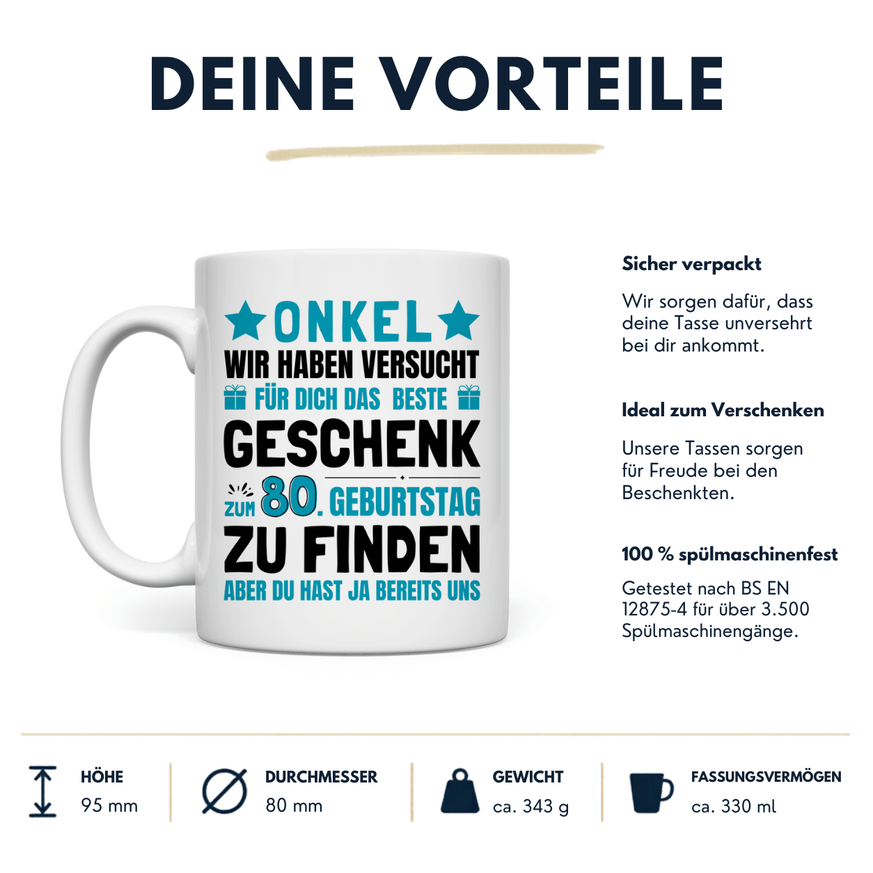 Lustige Tasse "Onkel 80. Geburtstag Geschenk" Vorteile