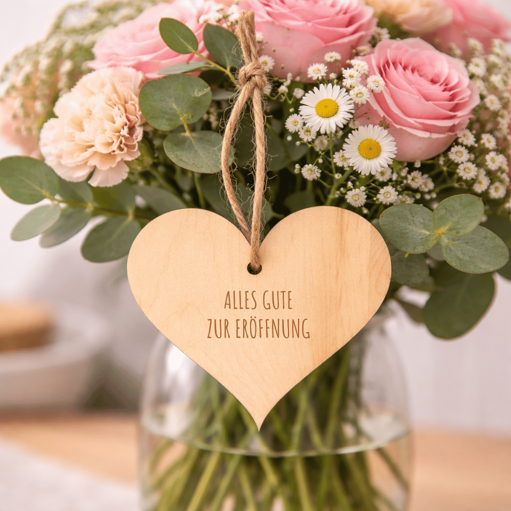 Zirbenholz-Herz mit "Alles Gute zur Eröffnung" Gravur Blumenstrauß