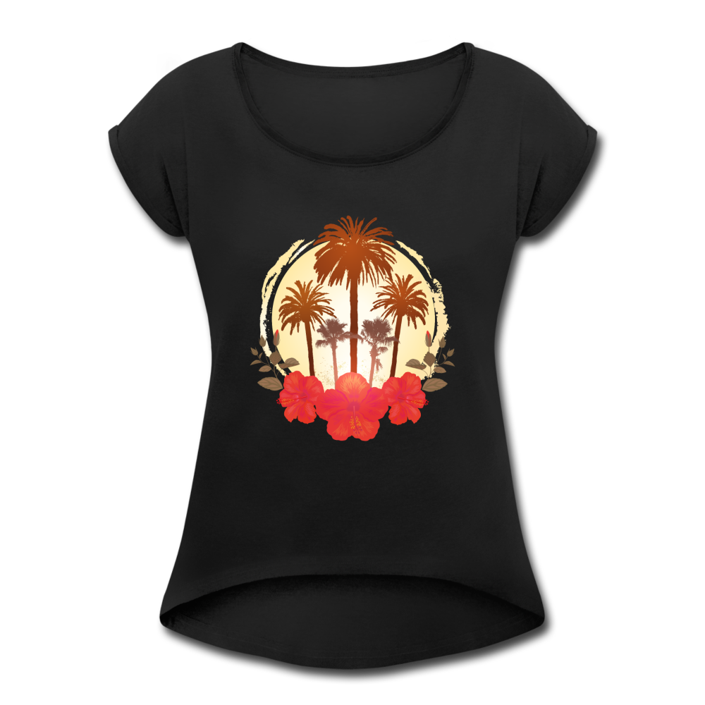 Frauen T-Shirt (Gerollte Ärmel) "Palmen mit Blumen" - Schwarz