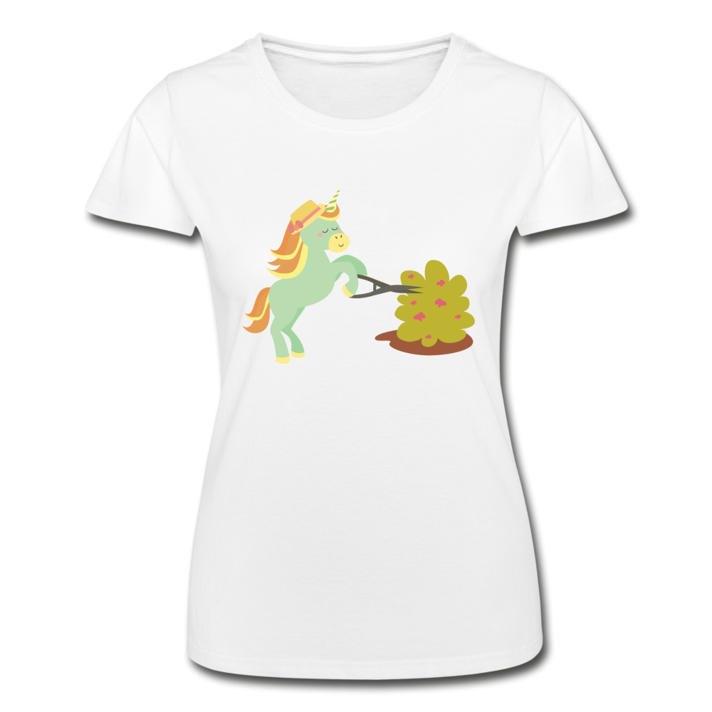 Frauen-T-Shirt "Einhorn macht die Gartenarbeit" - Weiß