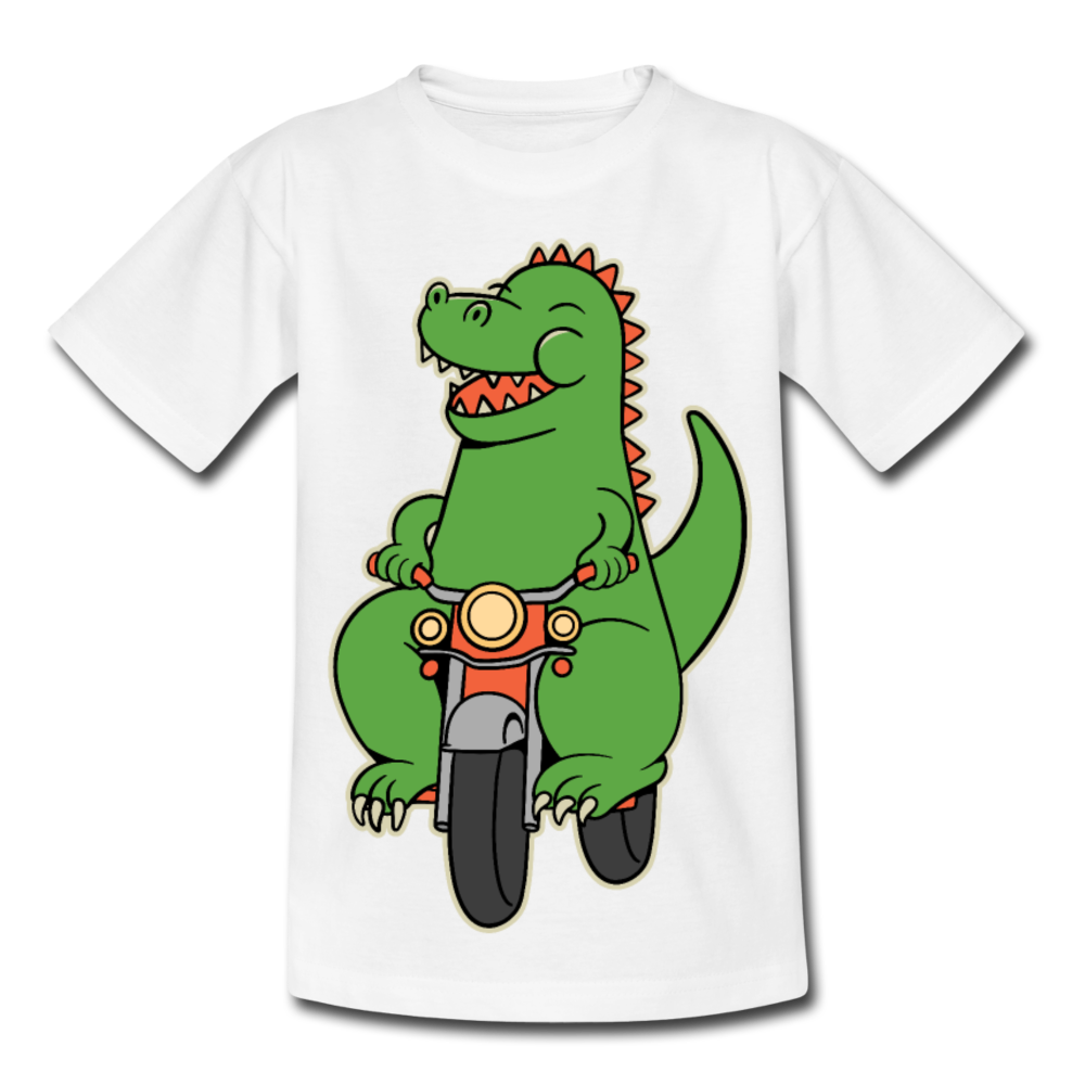Kinder T-Shirt "Dinosaurier mit Motorrad" - Weiß