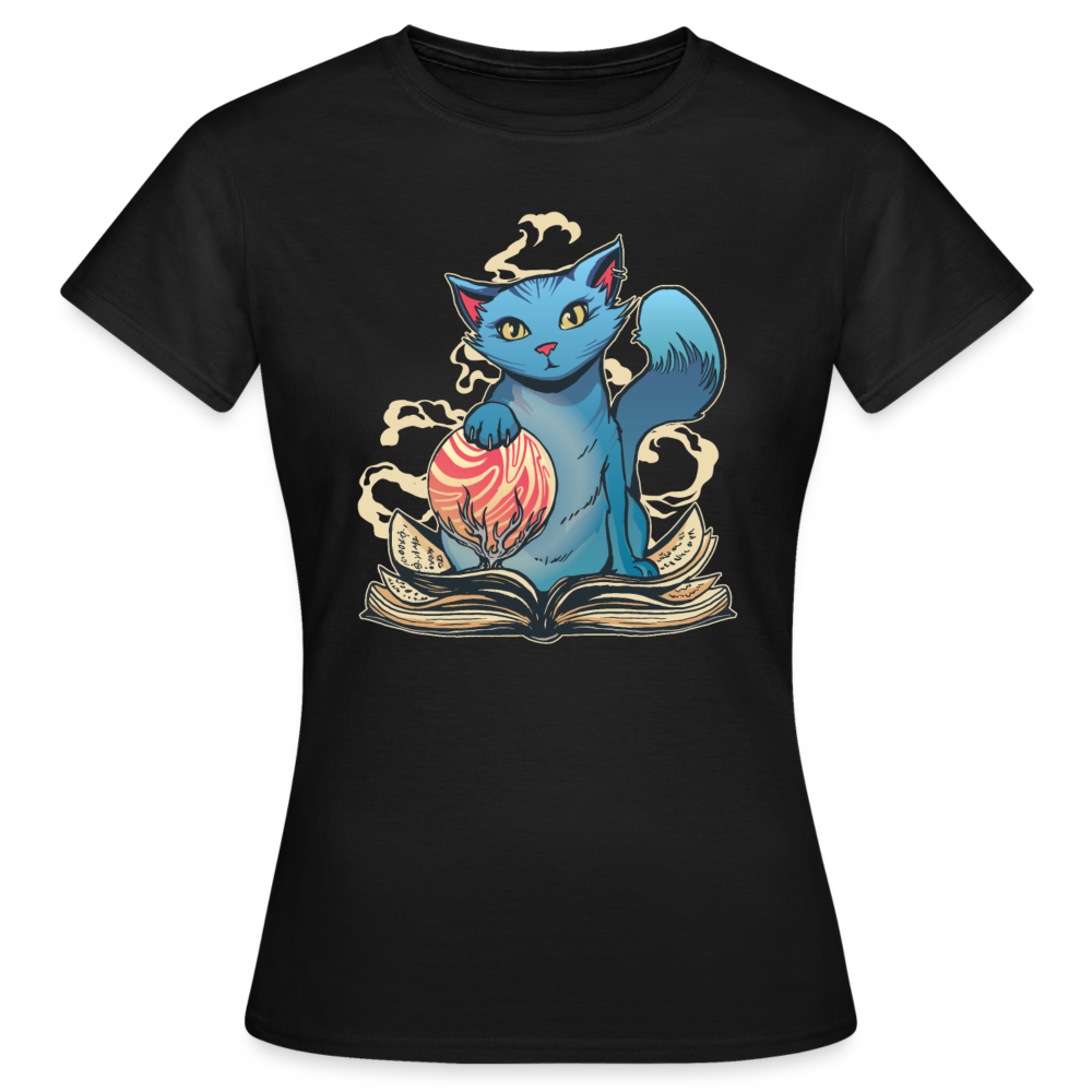 Frauen T-Shirt "Magische Katze mit Buch" - Schwarz