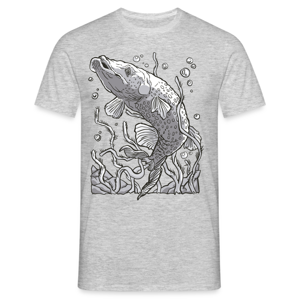 Männer T-Shirt "Hecht Fisch" (Schwarz/Weiß) - Grau meliert