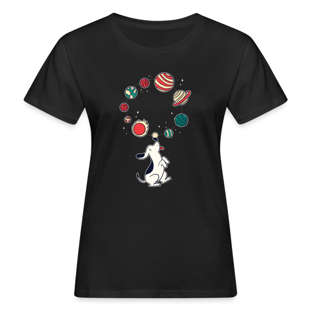Frauen Bio T-Shirt "Hund jongliert Planeten" - Schwarz