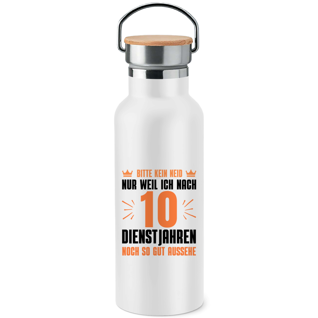 Edelstahl-Trinkflasche mit Bambusdeckel "Bitte kein Neid" (10 Dienstjahre)