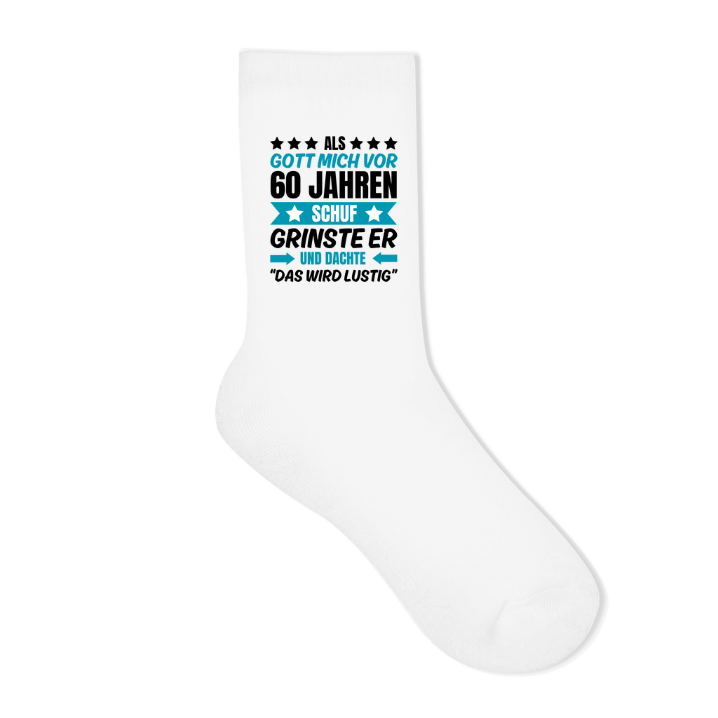 Socken "Als Gott mich vor 60 Jahren schuf" (Blaues Motiv)