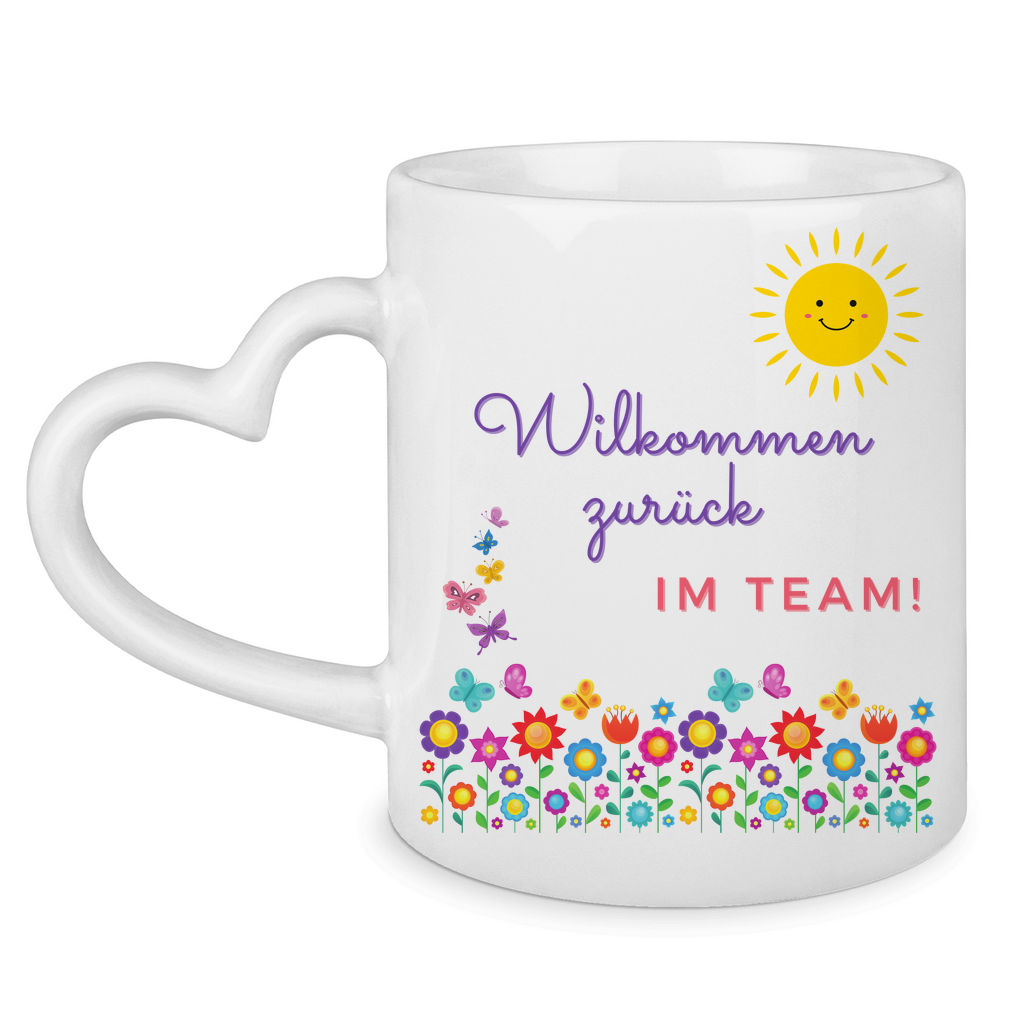 Tasse mit Herzhenkel "Willkommen zurück im Team" (Blumenmotiv)