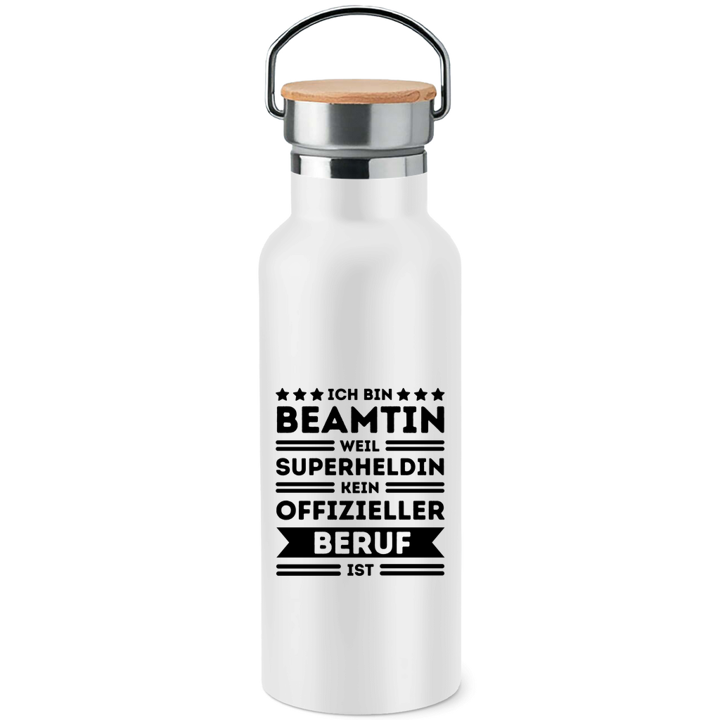 Edelstahl-Trinkflasche mit Bambusdeckel "Beamtin - weil Superheldin kein offizieller Beruf ist"