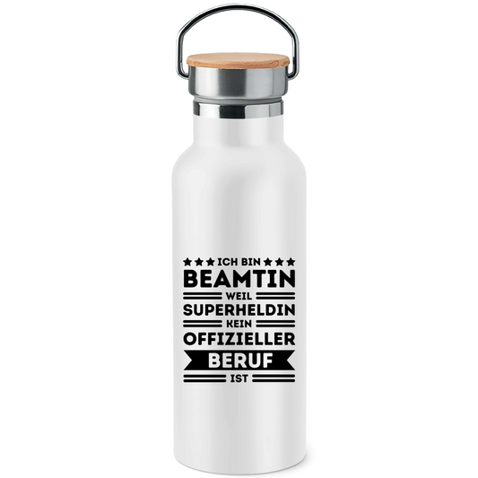 Edelstahl-Trinkflasche mit Bambusdeckel "Beamtin - weil Superheldin kein offizieller Beruf ist"