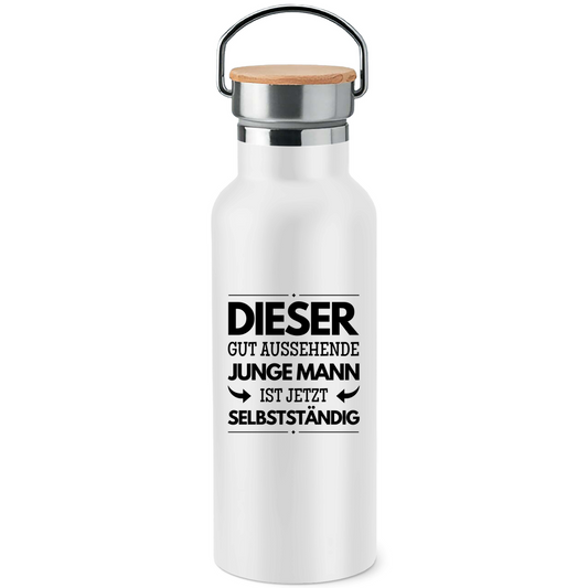 Edelstahl-Trinkflasche mit Bambusdeckel "Dieser gut aussehende junge Mann ist jetzt selbstständig"