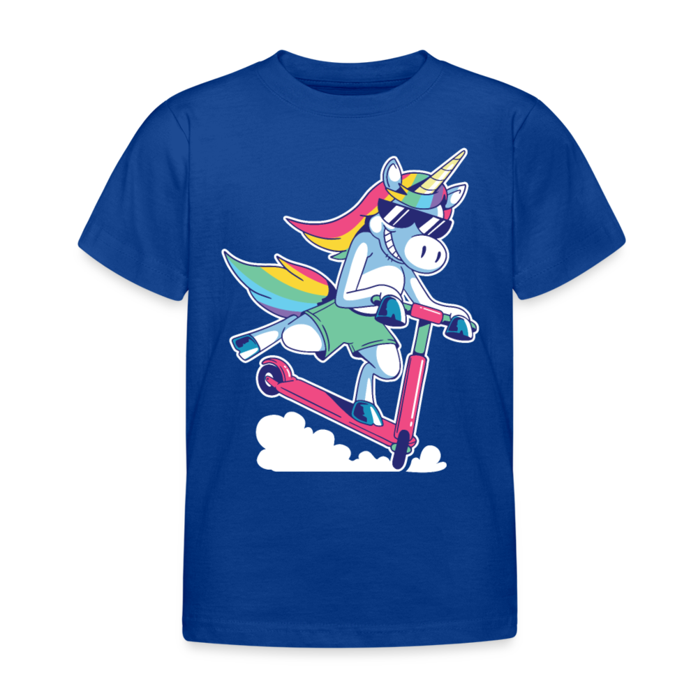 Kinder T-Shirt "Einhorn fährt mit Scooter" - Royalblau