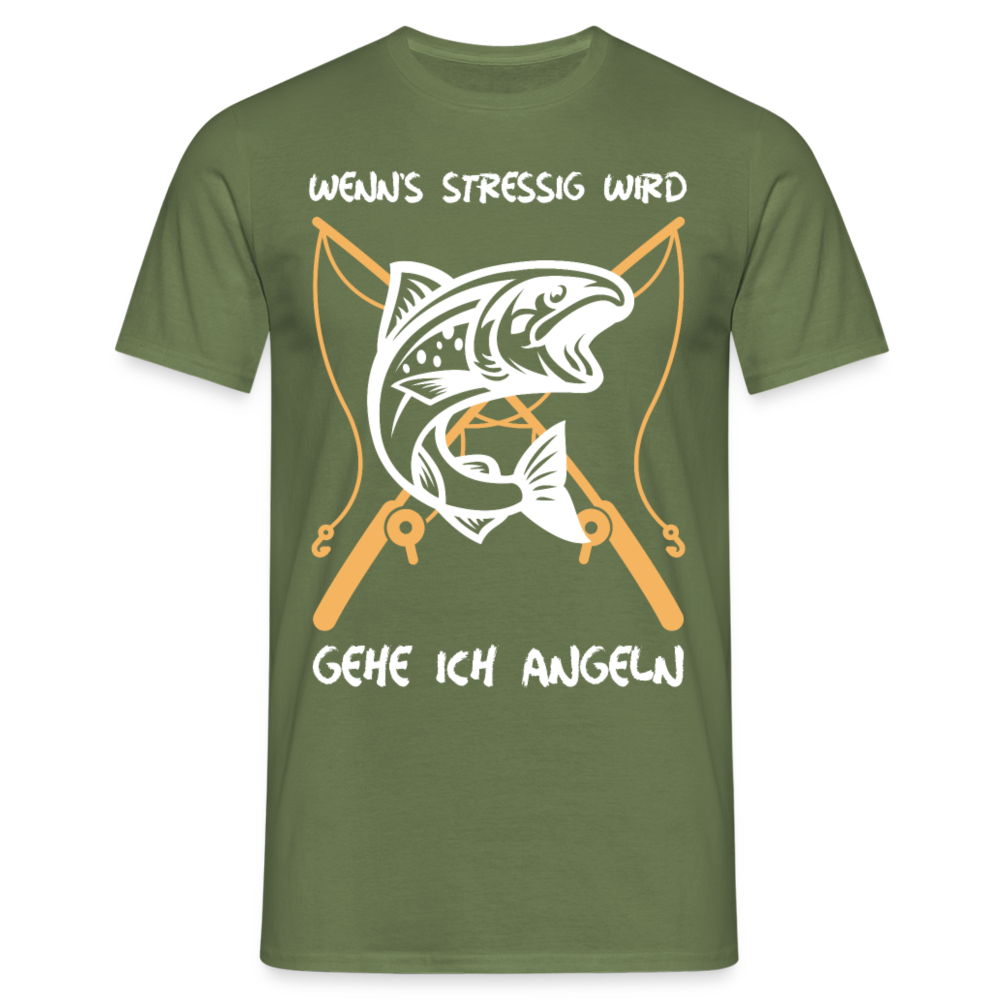 Männer T-Shirt "Wenn es stressig wird gehe ich angeln" - Militärgrün