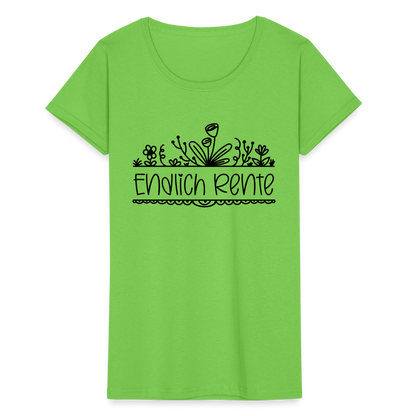 Frauen-T-Shirt "Endlich Rente" (Blumenmotiv) - Hellgrün