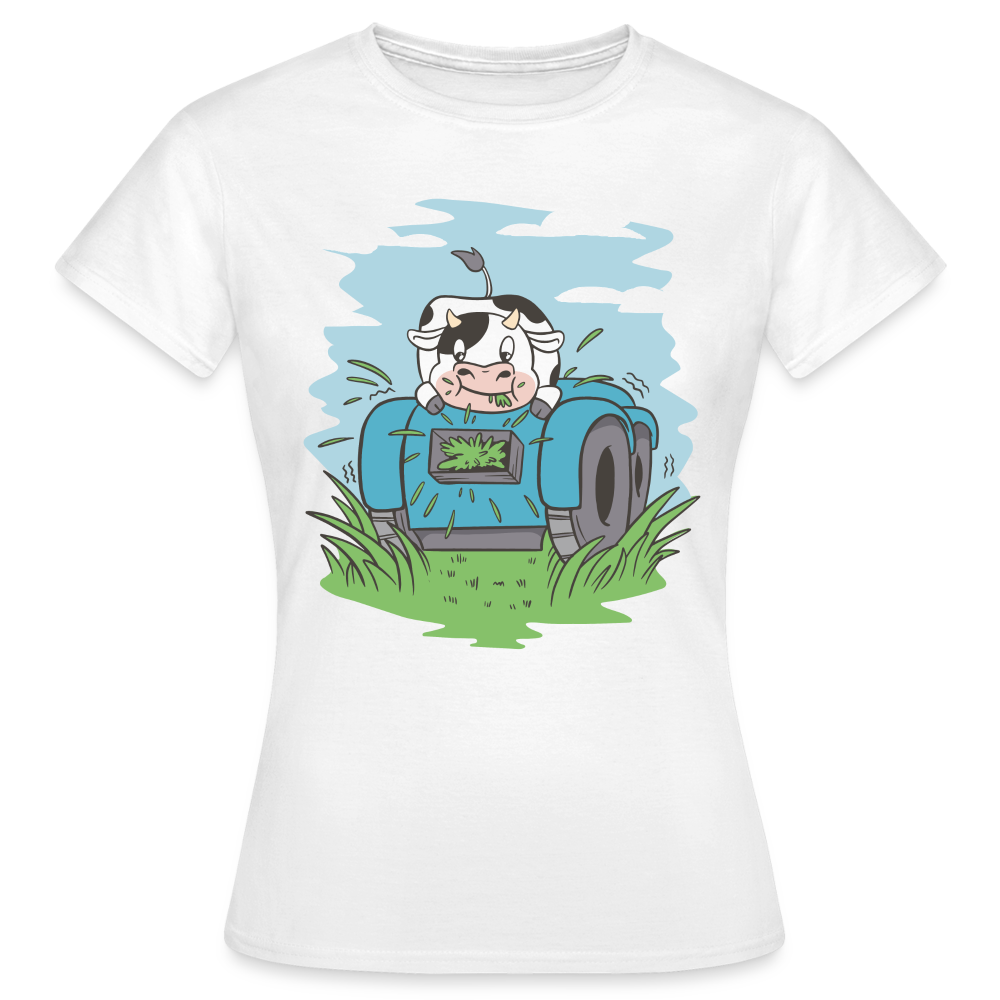 Frauen Bio-T-Shirt "Kuh mit Rasenmäher" - Weiß