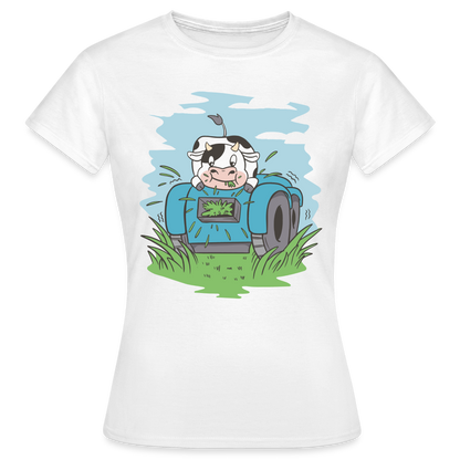 Frauen Bio-T-Shirt "Kuh mit Rasenmäher" - Weiß