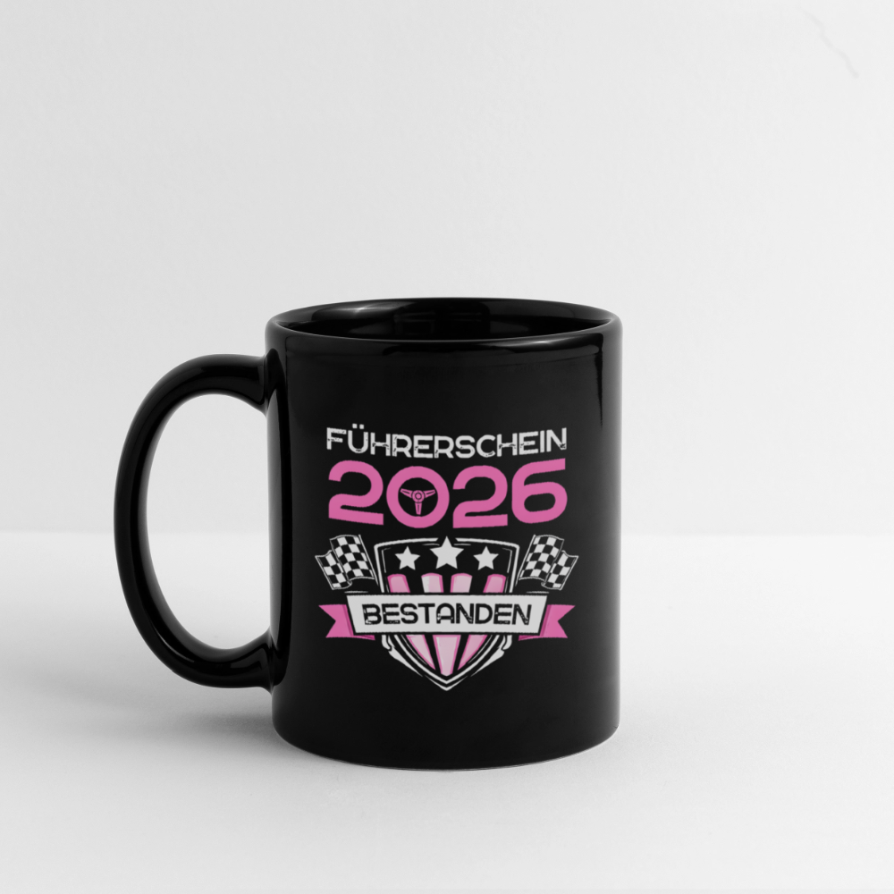 Tasse "Führerschein 2026 bestanden" (Rosa-Sternenmotiv) - Schwarz