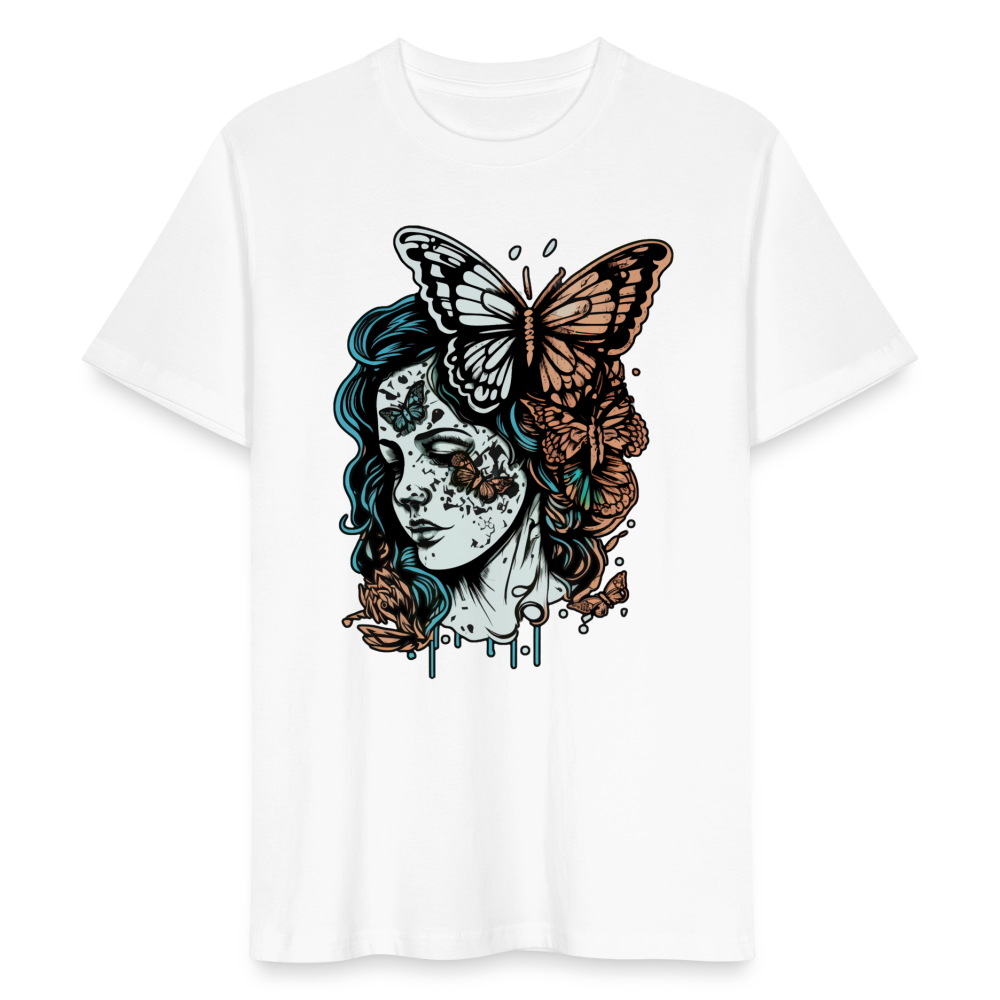 Unisex Bio-T-Shirt "Frau mit Schmetterlingen" - Weiß