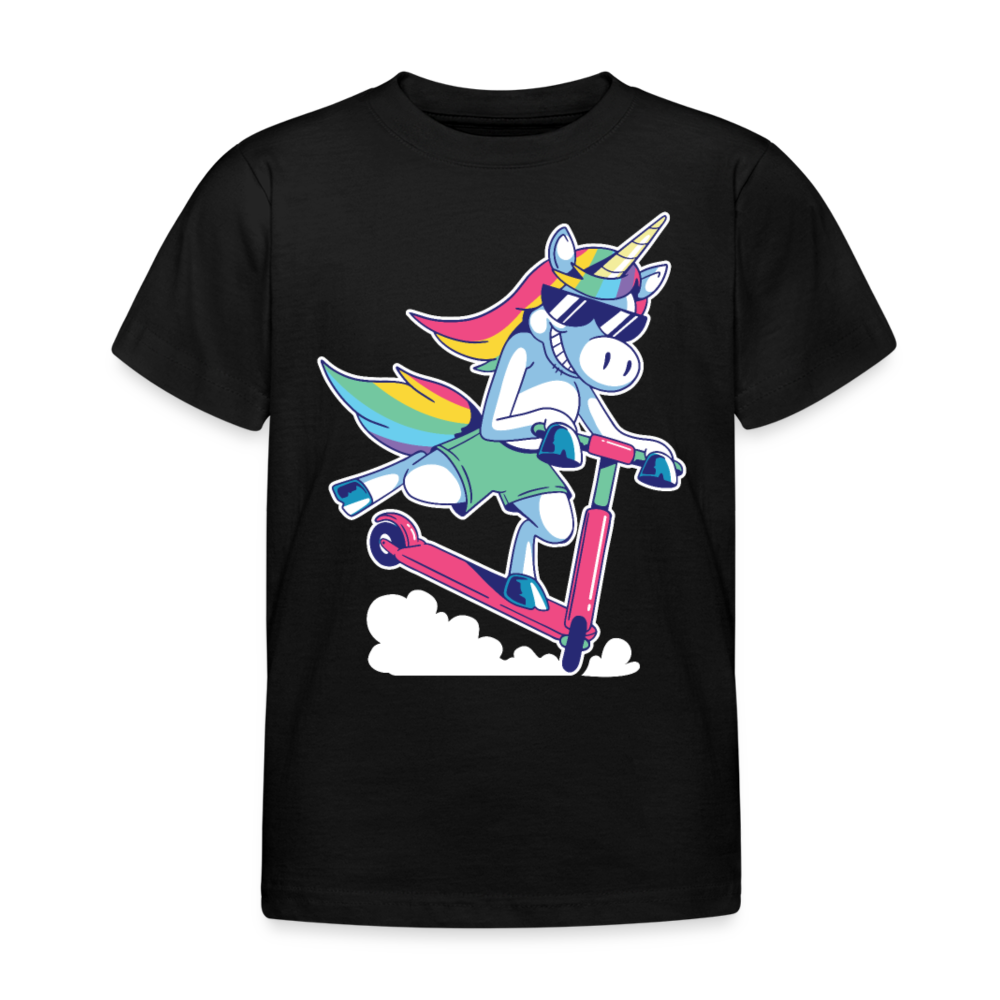 Kinder T-Shirt "Einhorn fährt mit Scooter" - Schwarz