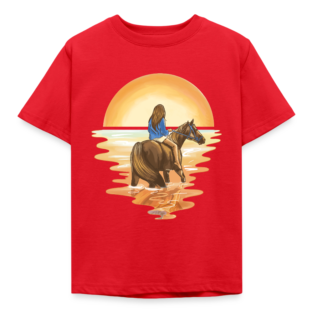 Kinder T-Shirt "Mädchen mit Pferd im Sonnenuntergang" - Rot