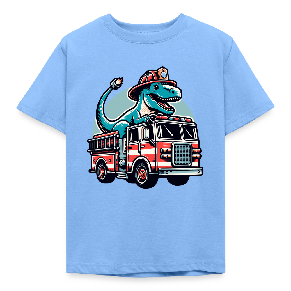 Kinder T-Shirt "Dinosaurier fährt Feuerwehrauto" - Himmelblau