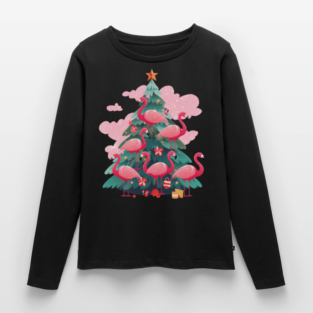 Frauen Bio-Langarmshirt "Flamingo Weihnachtsbaum" - Schwarz