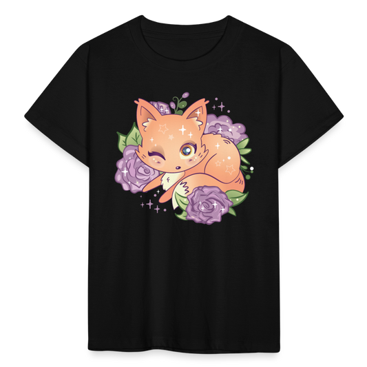 Kinder T-Shirt "Fuchs mit Blumen" - Schwarz