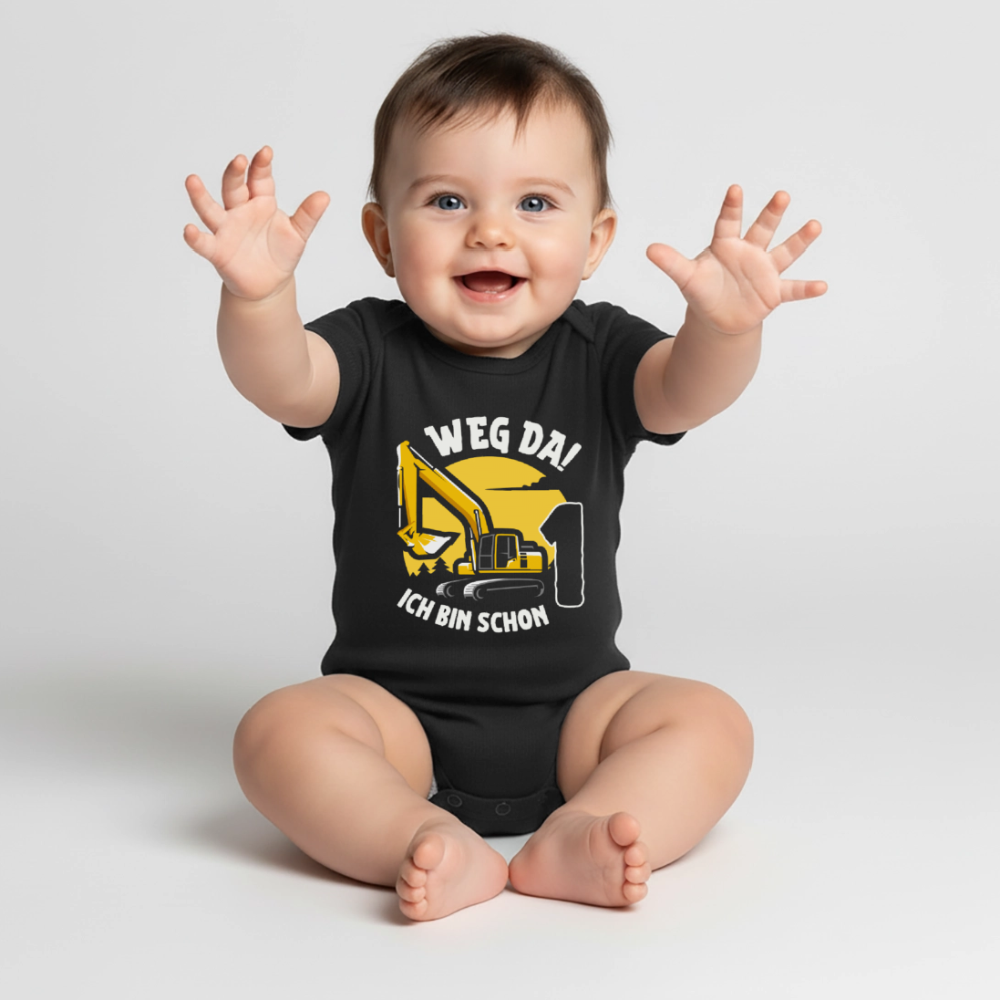 Baby Bio-Kurzarm-Body "Weg da! Ich bin schon 1" (Bagger) - Schwarz