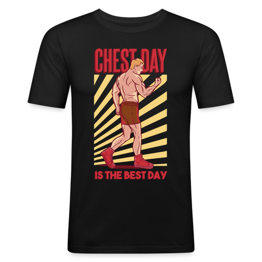 Männer Slim Fit T-Shirt "Chest day is the best day" - Schwarz