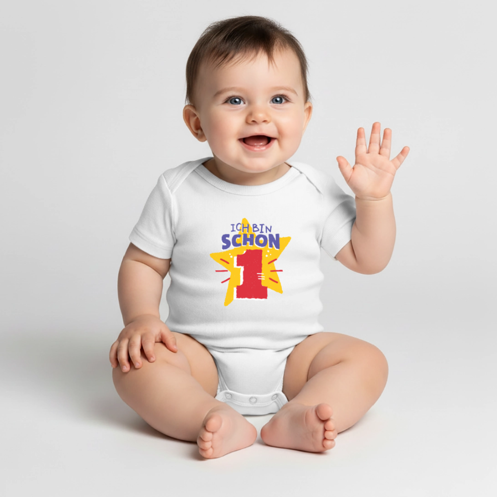 Baby Bio-Kurzarm-Body "Ich bin schon 1" (Sternen-Motiv) - Weiß
