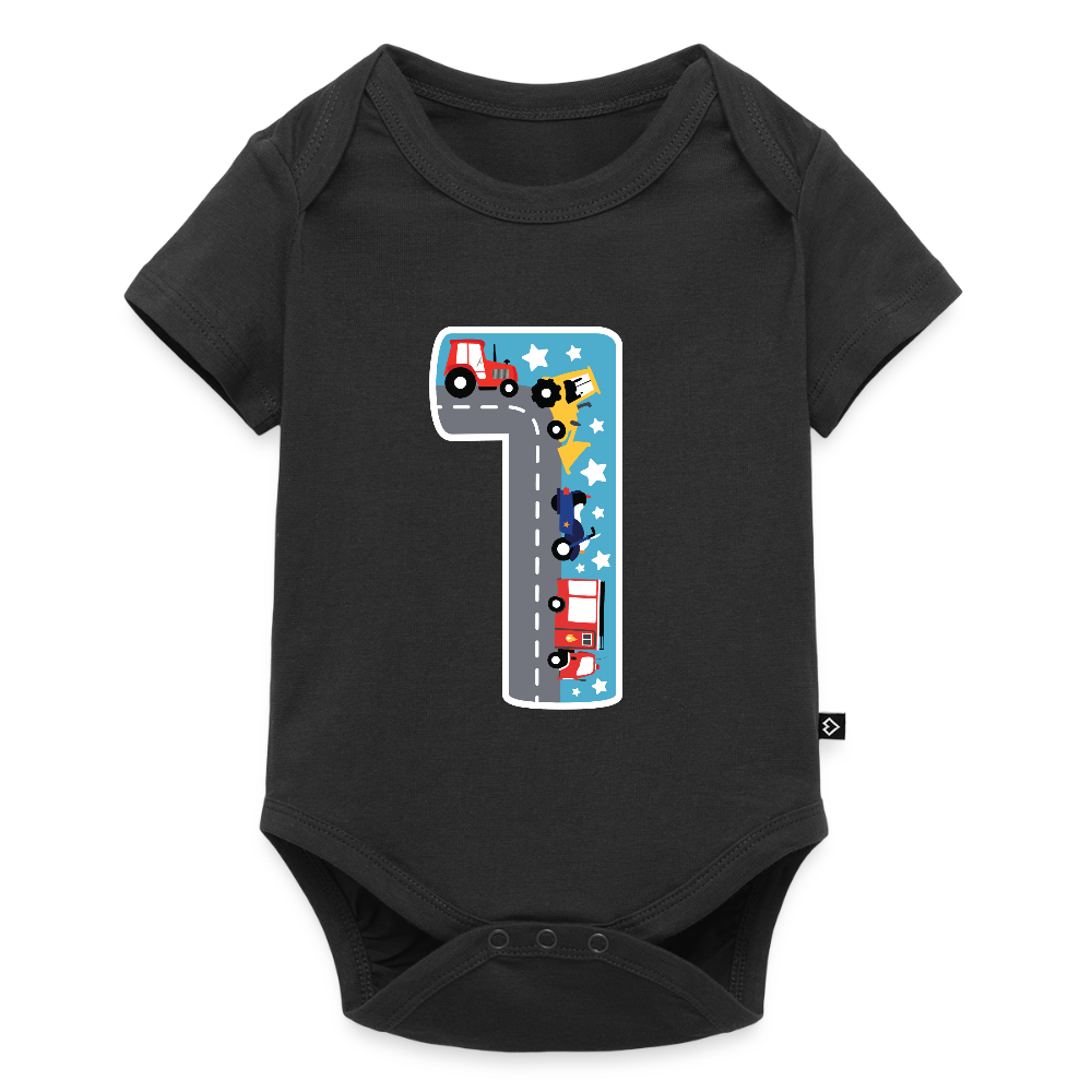 Baby Bio-Kurzarm-Body "1 mit Traktoren" - Schwarz