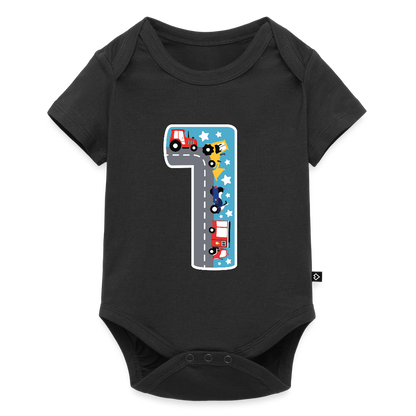 Baby Bio-Kurzarm-Body "1 mit Traktoren" - Schwarz