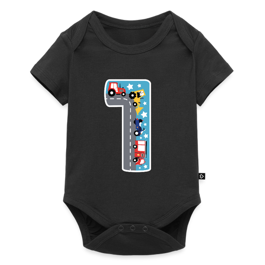 Baby Bio-Kurzarm-Body "1 mit Traktoren" - Schwarz