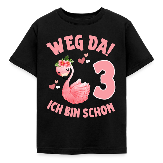 Kinder T-Shirt "Weg da! Ich bin schon 3" (Flamingo-Motiv) - Schwarz