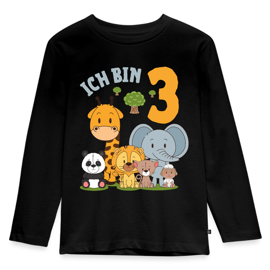 Kinder Langarm T-Shirt "Ich bin 3" (Niedliches Tiermotiv) - Schwarz