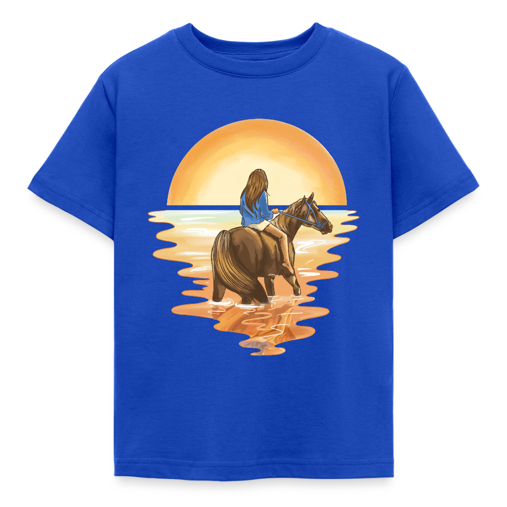 Kinder T-Shirt "Mädchen mit Pferd im Sonnenuntergang" - Royalblau