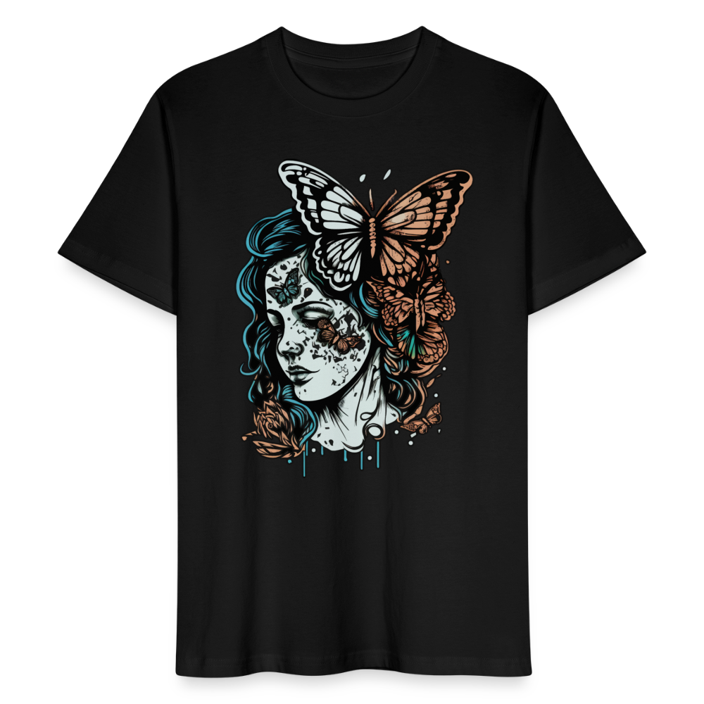 Unisex Bio-T-Shirt "Frau mit Schmetterlingen" - Schwarz