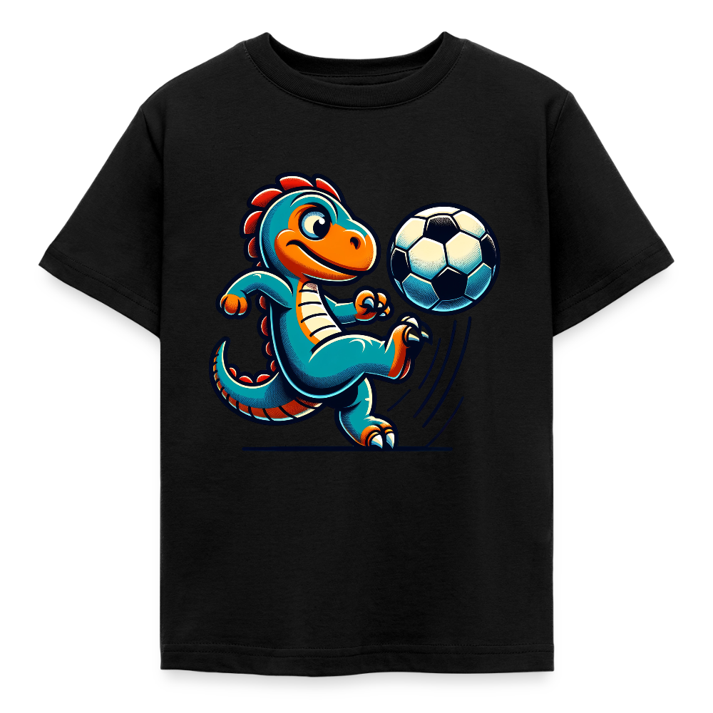Kinder T-Shirt "Dinosaurier spielt Fußball" - Schwarz