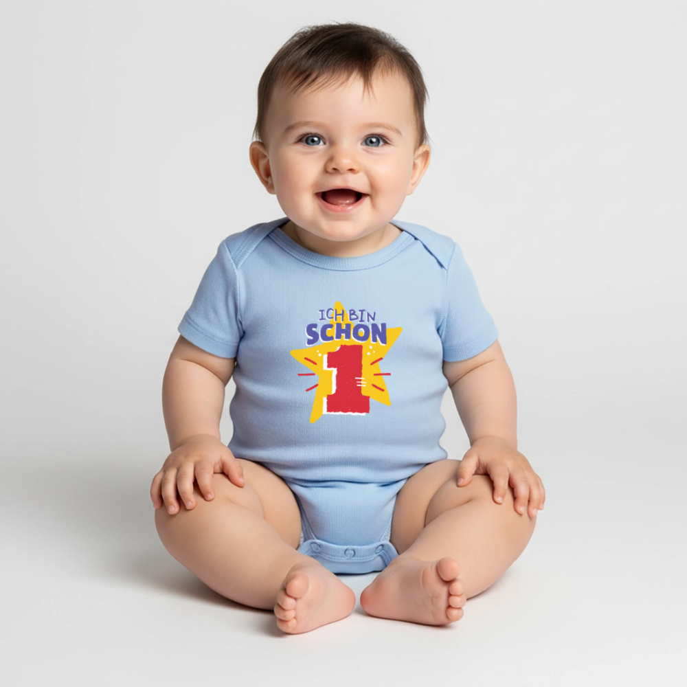 Baby Bio-Kurzarm-Body "Ich bin schon 1" (Sternen-Motiv) - Hellblau