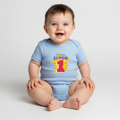 Baby Bio-Kurzarm-Body "Ich bin schon 1" (Sternen-Motiv) - Hellblau