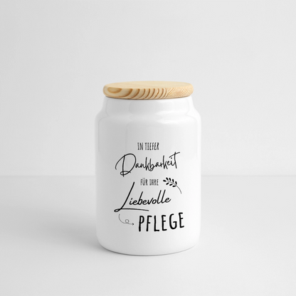 Keksdose "In tiefer Dankbarkeit für Ihre liebevolle Pflege" - Weiß