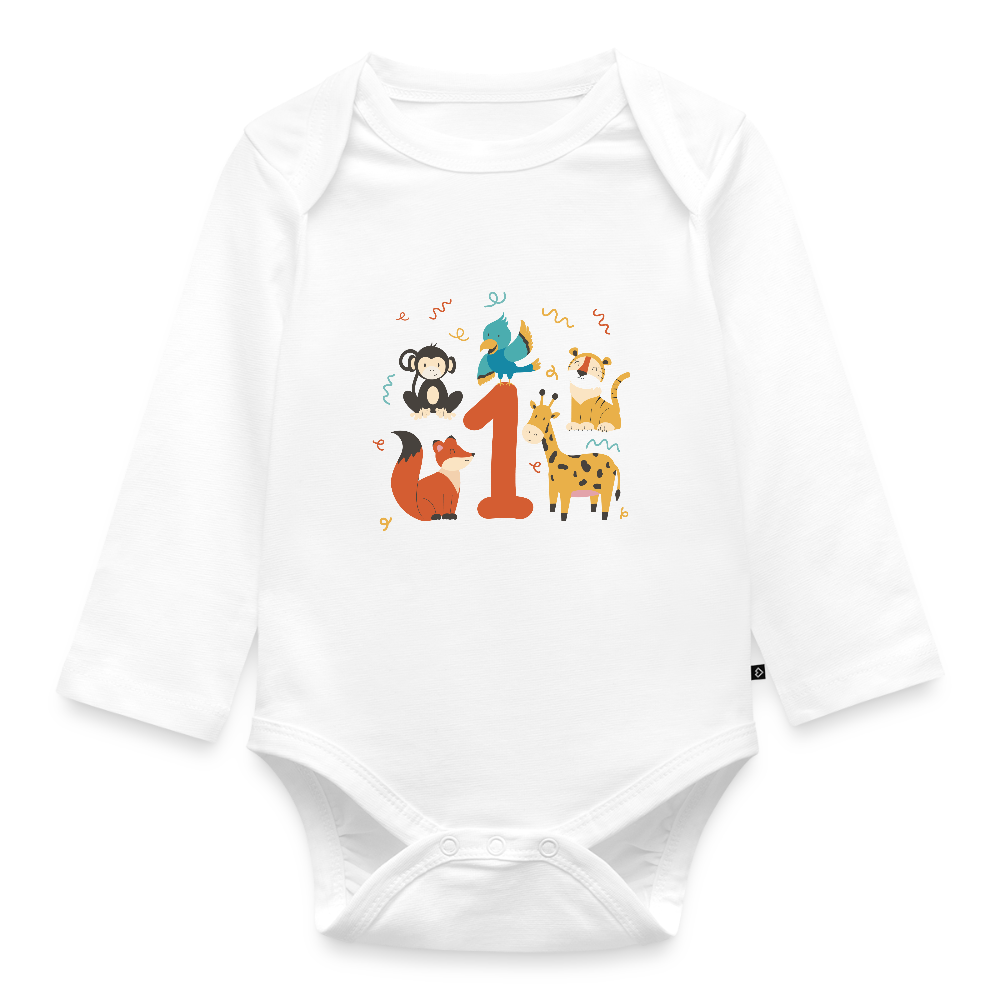 Baby Bio-Langarm-Body "1. Geburtstag" (Niedliche Tiere) - Weiß