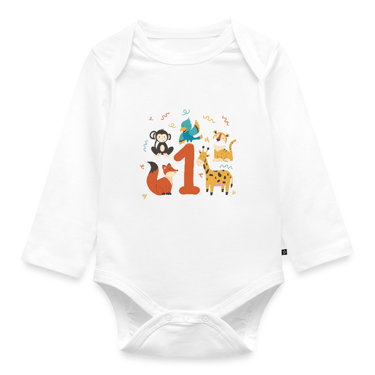 Baby Bio-Langarm-Body "1. Geburtstag" (Niedliche Tiere) - Weiß