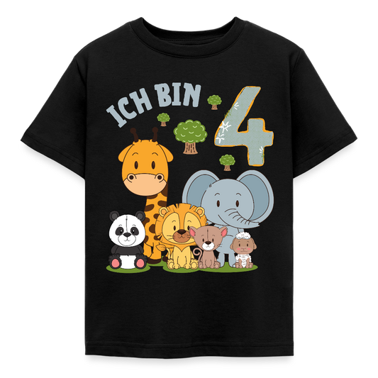 Kinder T-Shirt "Ich bin 4" (Niedliches Tiermotiv) - Schwarz