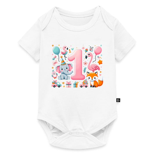Baby Bio-Kurzarm-Body "1. Geburtstag" (Flamingo-Motiv) - Weiß